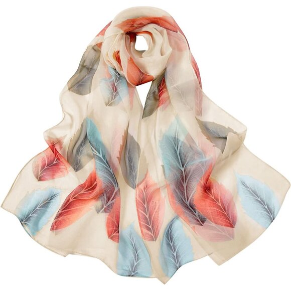 Women's Orange+blue Fashion Lightweight Head Scarf Floral Print Chiffon Scarves - Picture 1 of 6